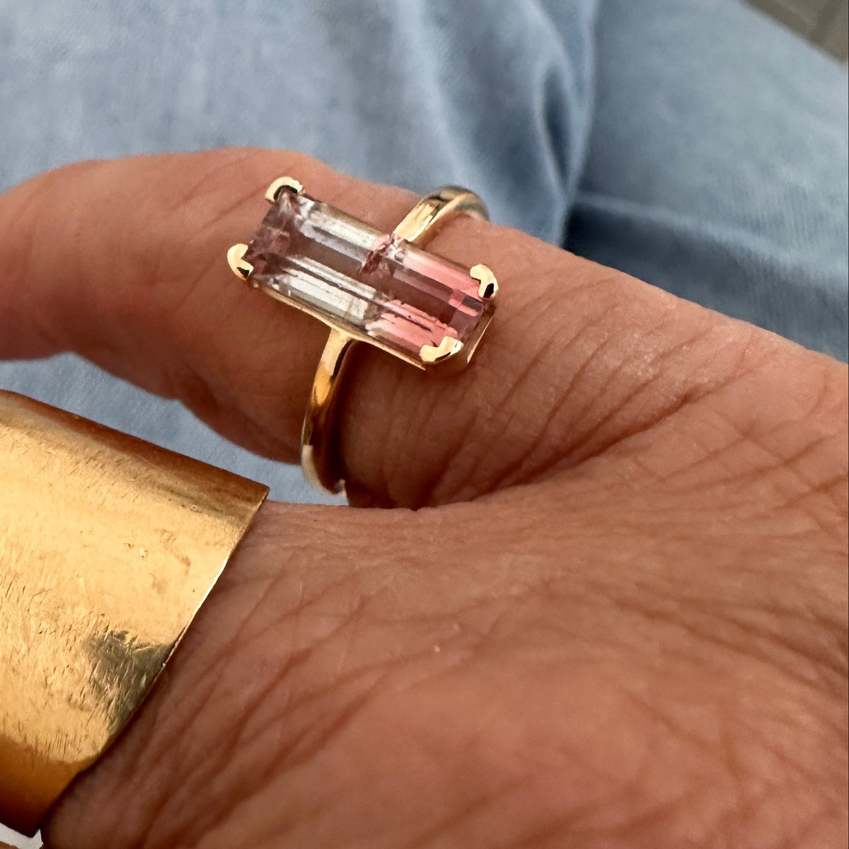 Elongated Bi-Colour Tourmaline Ring in 14K Gold