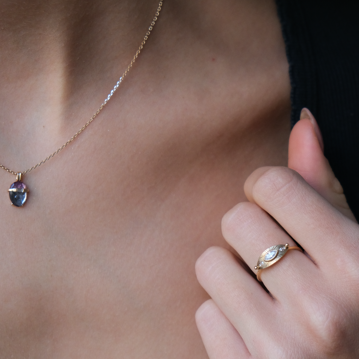 Tourmaline with Diamond Baquette chain Necklace