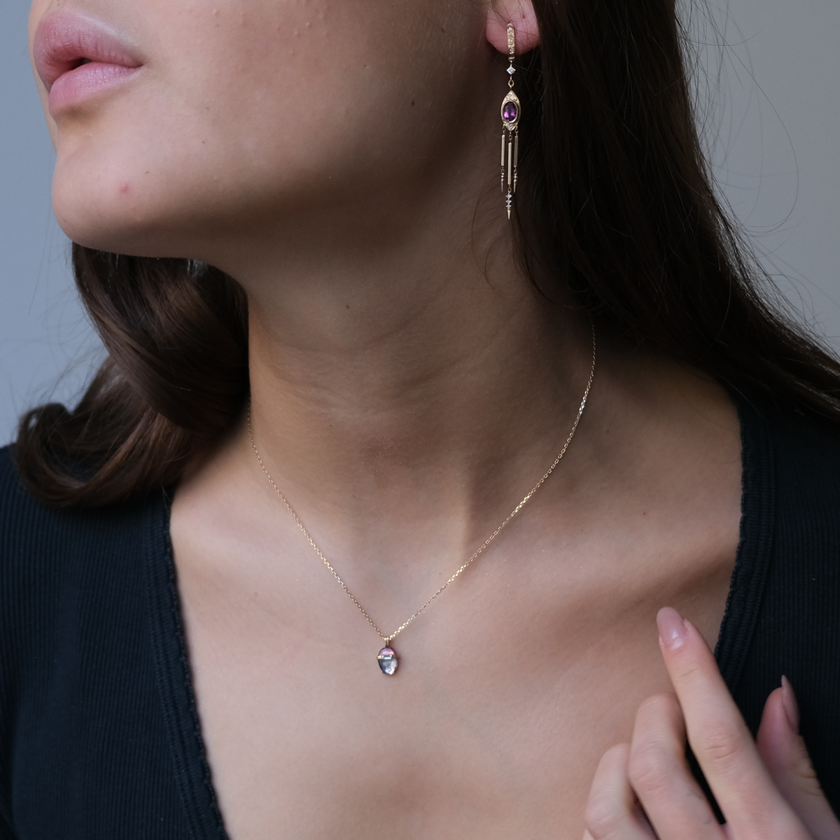 Tourmaline with Diamond Baquette chain Necklace