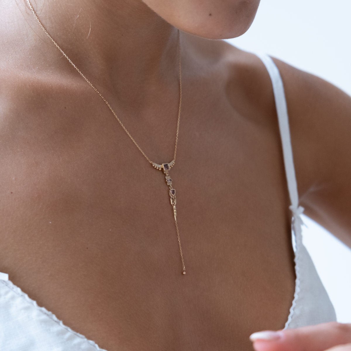 Pink Tourmaline & Diamonds Lariat Totem Necklace