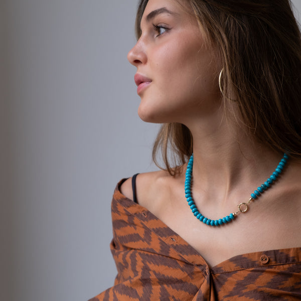 14k gold turquoise knotted necklace by Vivien Frank Jewlery