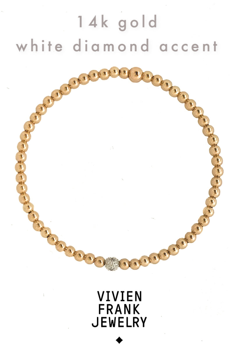 14k Yellow Gold beaded Bracelet with diamond accent - Vivien Frank Designs