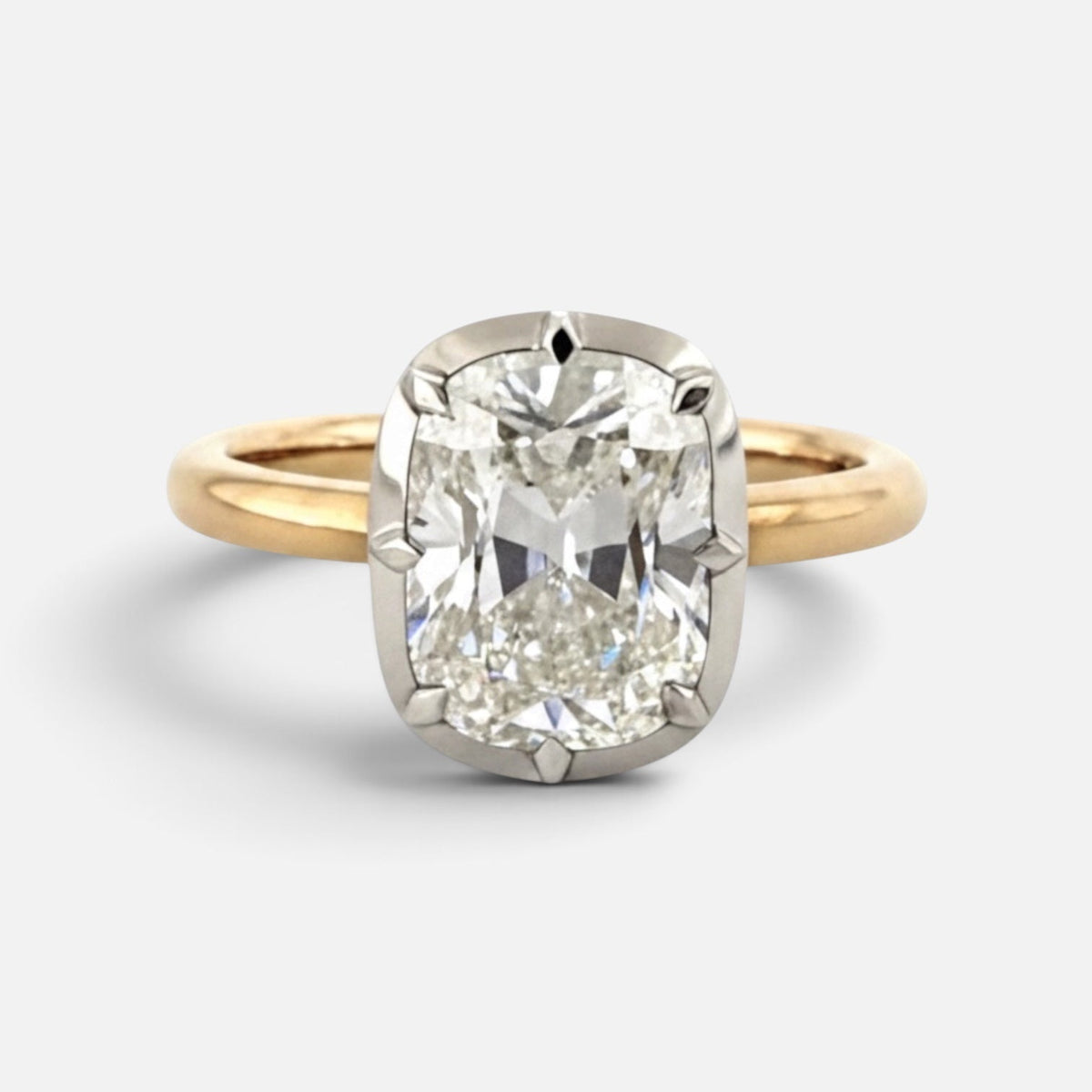 3.02ct old mine cut lab-grown diamond engagement ring in 18k gold with a two-tone collet setting