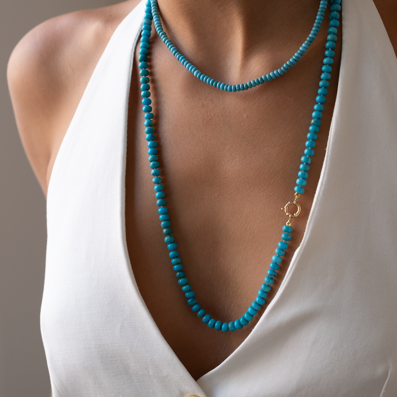 Long Turquoise necklace 14k gold knotted Vivien Frank Designs