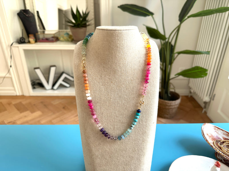 Long Rainbow candy gemstone necklace 14k gold OOAK