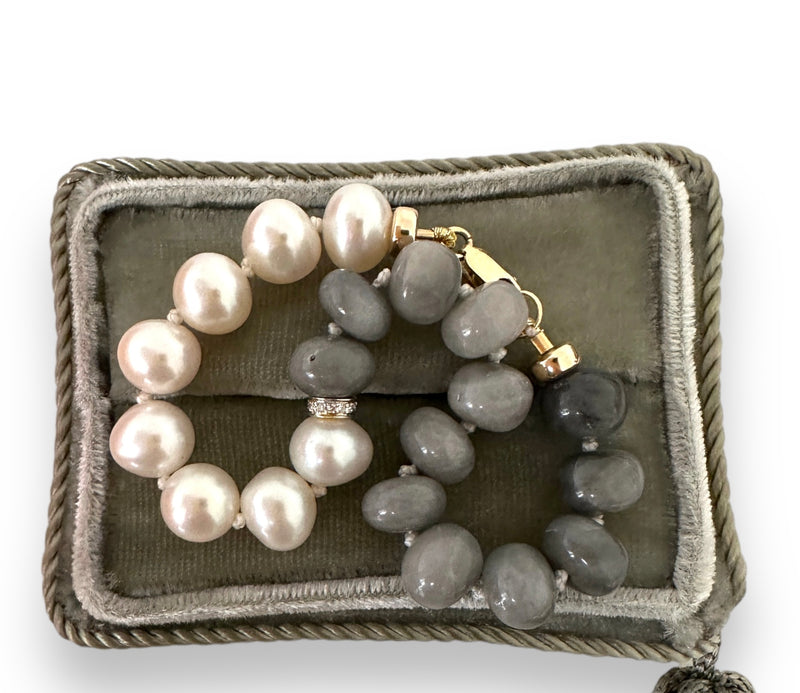 Pearl and Grey Cat eye Bracelet 14k gold