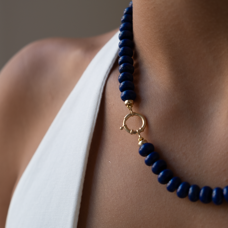 lapis lazuli gemstones in 8mm rondels are hand knotted on a silk cord, vivien frank Jewelry