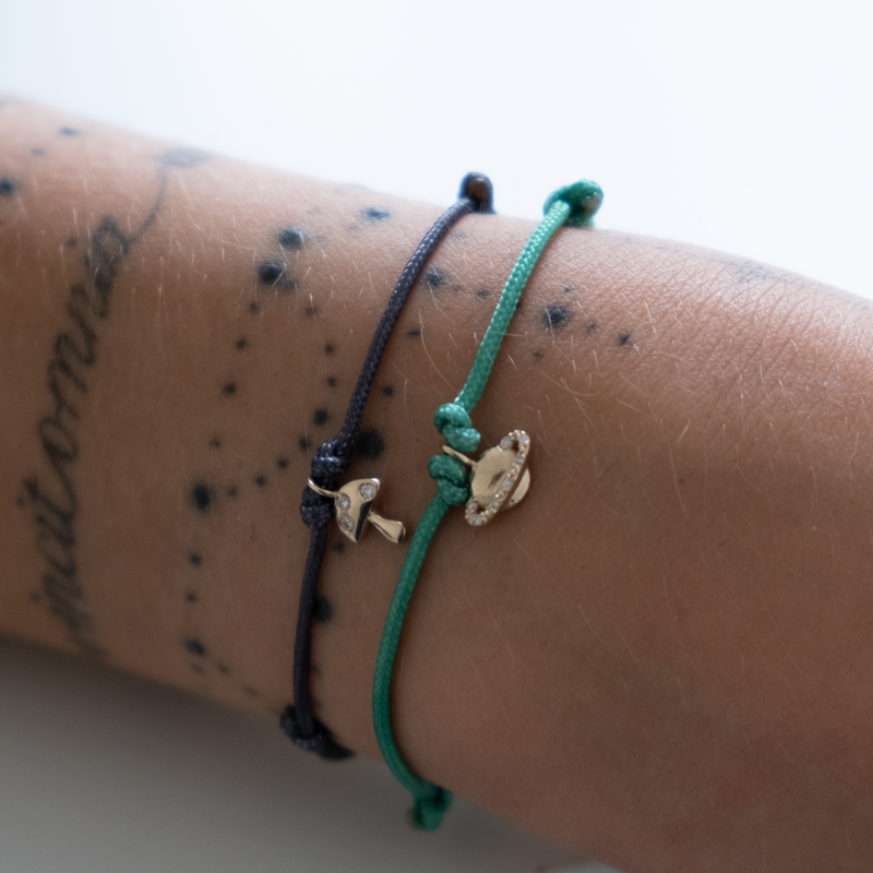 Gold Mushroom Bracelet on Cord 14k