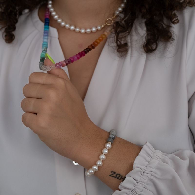 Pearl and Grey Cat eye Bracelet 14k gold