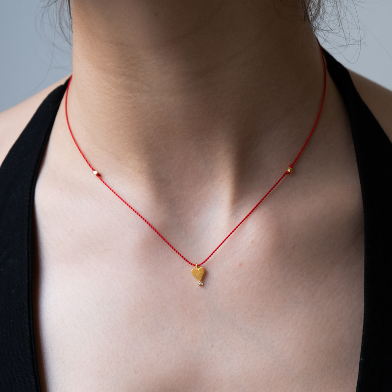 silk necklace with 14k gold heart charm, 14k gold heart with diamond silk necklace