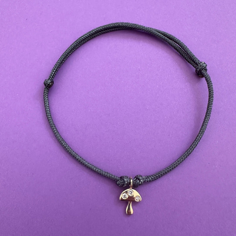 Gold Mushroom Bracelet on Cord 14k
