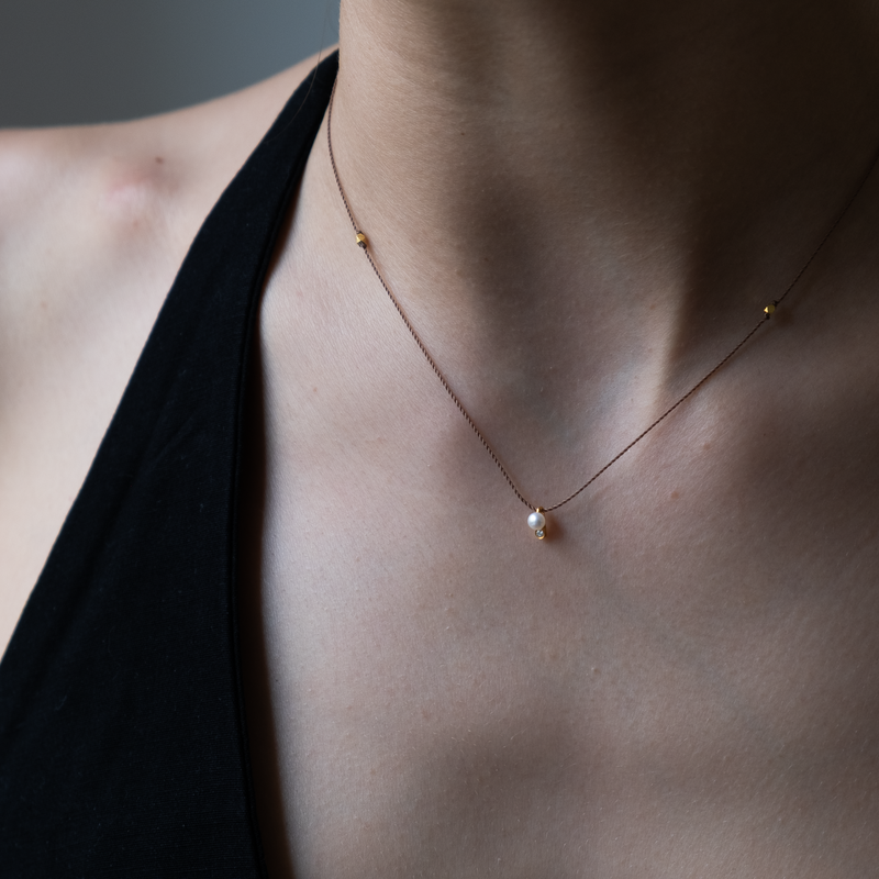 14k Pearl charm necklace on silk