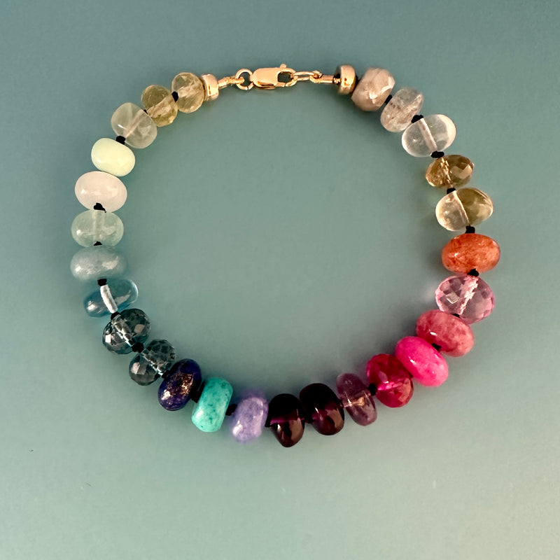 Rainbow Gemstone knotted bracelet 14k gold