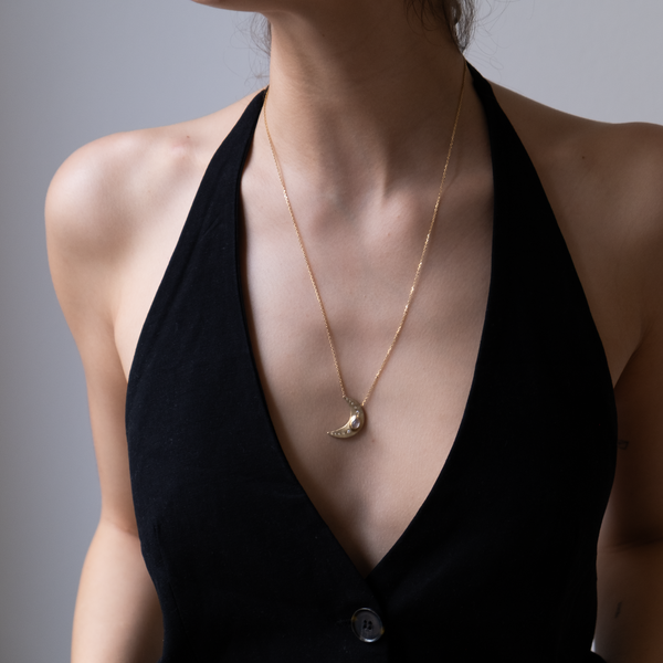 14k gold crescent moon necklace, gold necklace, A mystical moon necklace is accented by a diamond highway on either side of the bezeled moonstone, sirciam