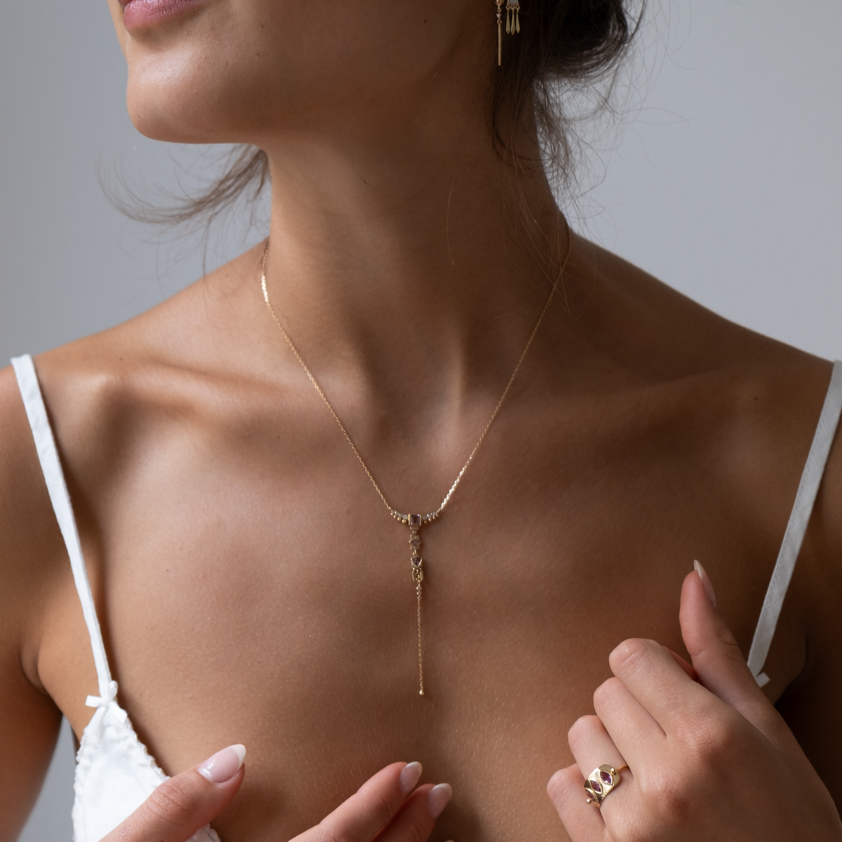 Pink Tourmaline & Diamonds Lariat Totem Necklace
