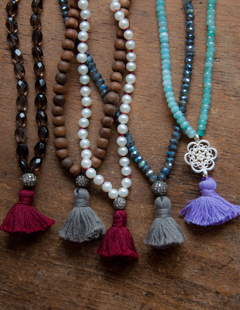 Long labradorite necklace with diamond and tassel - Vivien Frank Designs