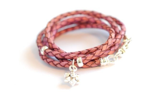 Leather wrap bracelet pink Flower by Vivien Frank - Vivien Frank Designs