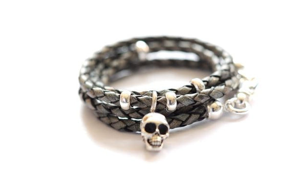 Leather Wrap bracelet Gray SKULL by Vivien Frank - Vivien Frank Designs