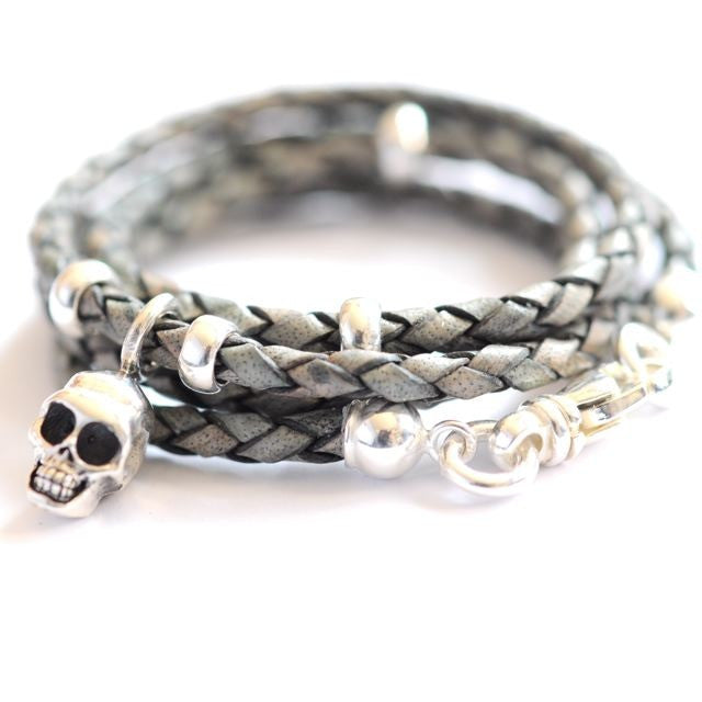 Leather Wrap bracelet Gray SKULL by Vivien Frank - Vivien Frank Designs