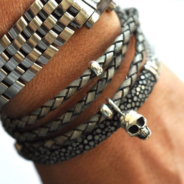 Leather Wrap bracelet Gray SKULL by Vivien Frank - Vivien Frank Designs