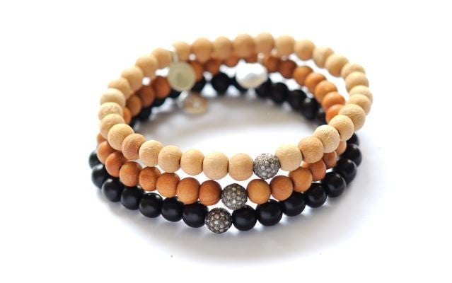 Wood Prayer bracelet with pave diamond ball - Vivien Frank Designs