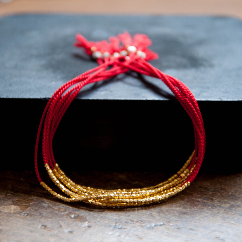 Delicate Gold on Red Silk friendship bracelet - Vivien Frank Designs