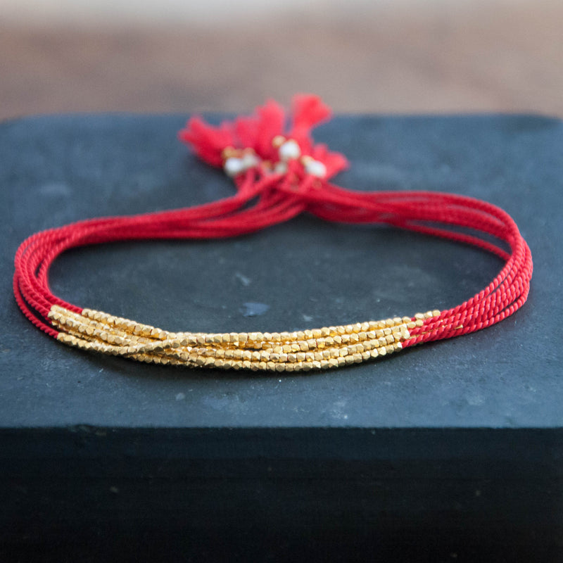 Delicate Gold on Red Silk friendship bracelet - Vivien Frank Designs