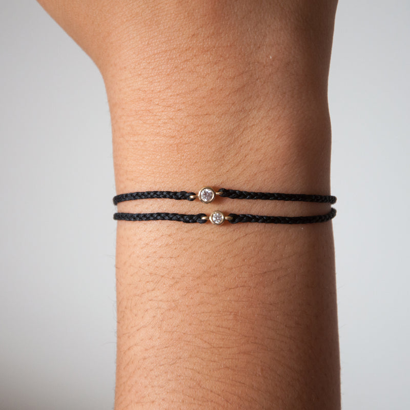 Black String Bracelet with Three Diamonds- 14K Solid Gold