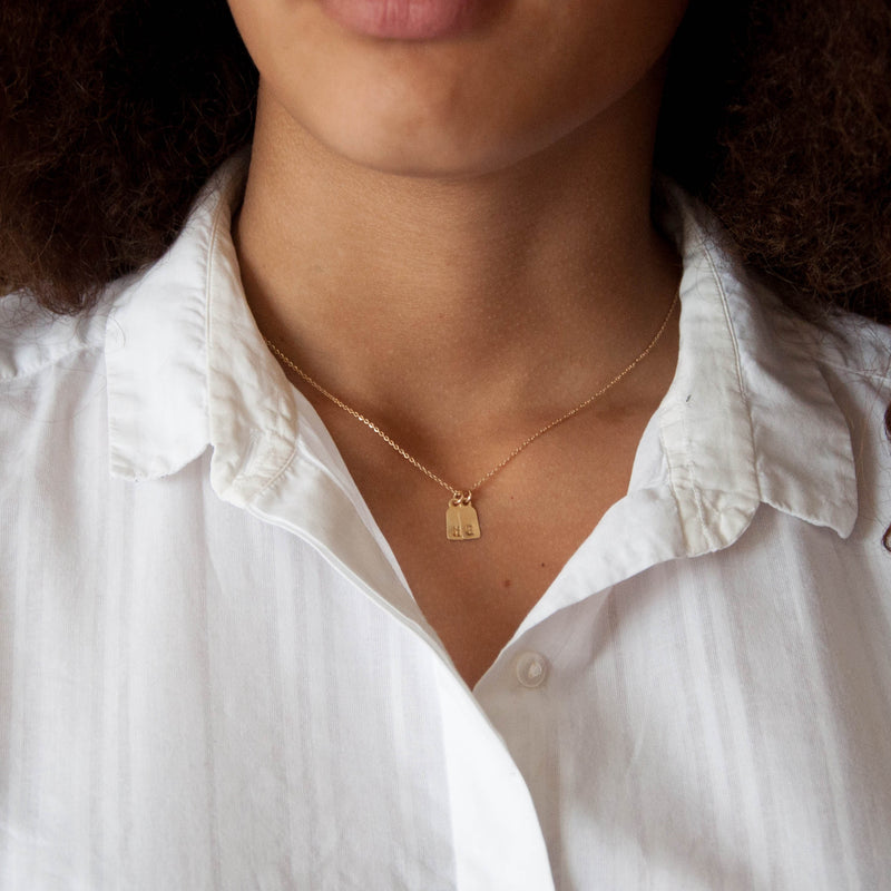 Dainty Initial Necklace Tags in solid gold Vivien Frank Designs