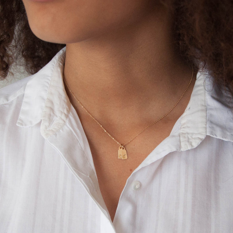 Dainty Initial Necklace Tags in solid gold - Vivien Frank Designs