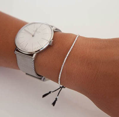 Delicate Silver on black silk bracelet - Vivien Frank Designs