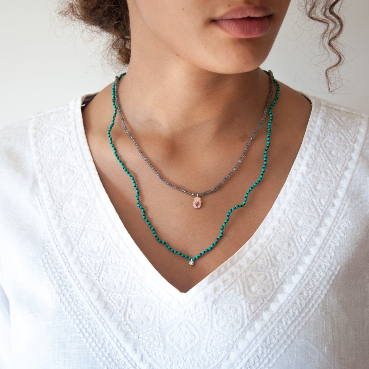 Turquoise knotted diamond charm necklace - Vivien Frank Designs
