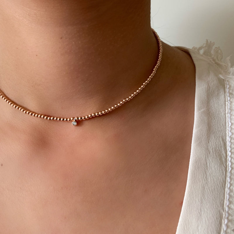 Gold Bead Choker Necklace with diamond dangle charm - Vivien Frank Designs