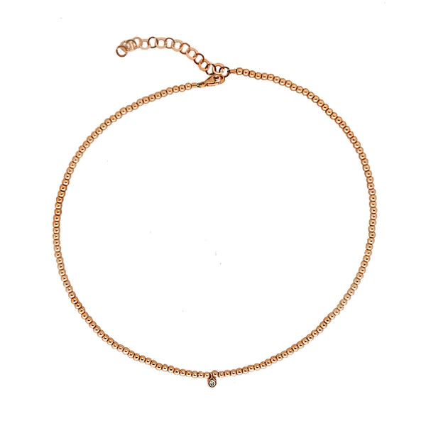 Gold Bead Choker Necklace with diamond dangle charm - Vivien Frank Designs