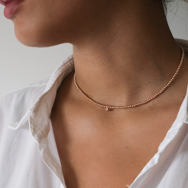 Gold Bead Choker Necklace with diamond dangle charm