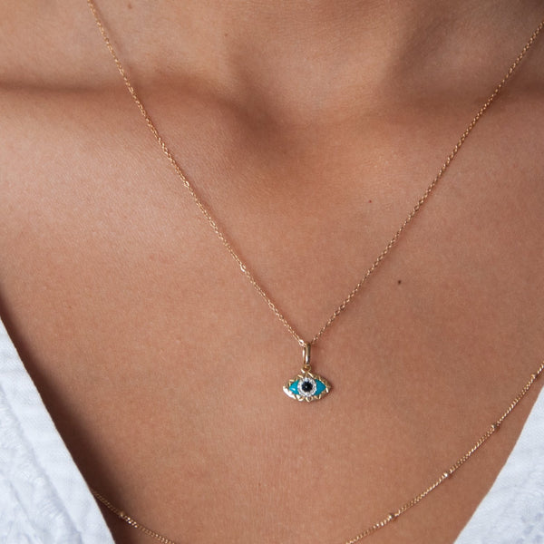 14k solid gold evil eye charm necklace - Vivien Frank Designs