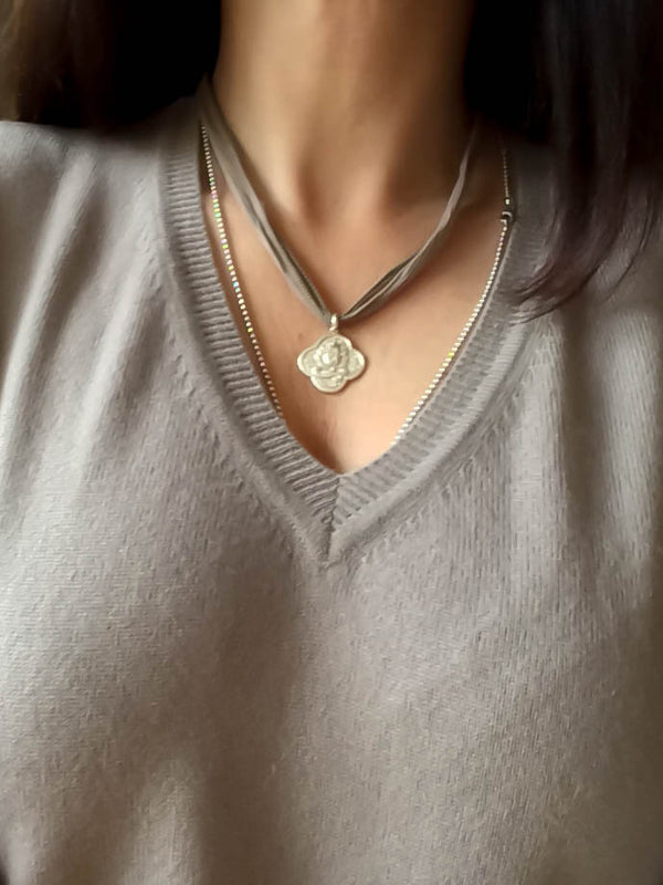 Sterling Lotus pendant on Silk wrap - Vivien Frank Designs