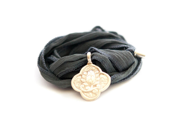 Sterling Lotus pendant on Silk wrap - Vivien Frank Designs