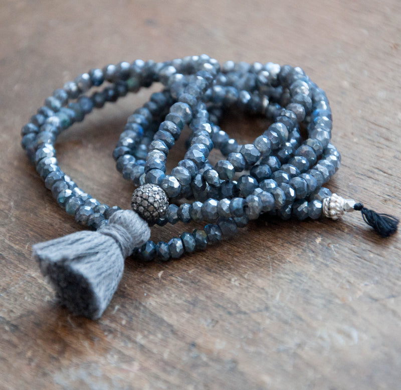 Long labradorite necklace with diamond and tassel - Vivien Frank Designs